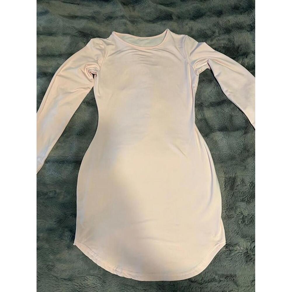 Light Pink Long Sleeve Bodycon Dress - 100% Cotton - Size Small